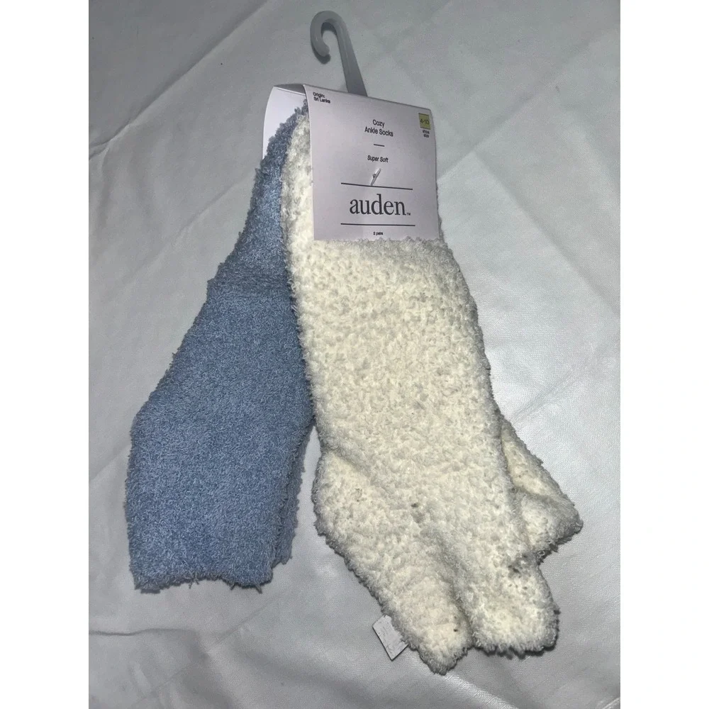 Auden Women Cozy Ankle Socks 2 Pairs Blue White Super Soft Fuzzy Shoe Size 4-10